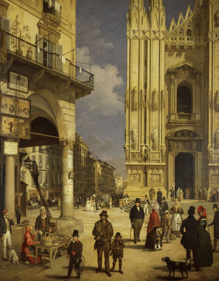 Angelo Inganni, Veduta di Piazza del Duomo con il Coperto dei Figini, 1838, olio su tela, 173 x 133 cm, Copyright Comune di Milano - tutti i diritti riservati - Milano, Palazzo Morando/Costume Moda Immagine