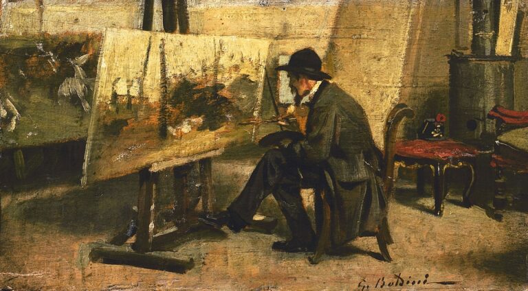 Giovanni Boldini, Ritratto di Fattori nel suo studio, 1866-1867, Olio su tavola, 13 × 24 cm, Collezione Intesa Sanpaolo, Gallerie d’Italia – Milano, Archivio Patrimonio Artistico Intesa Sanpaolo / foto Paolo Vandrasch, Milano