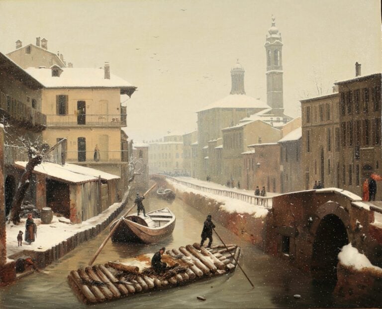 Angelo Inganni, Nevicata ai Navigli, 1852, olio su tela, 73 x 90,4 cm, Collezione privata