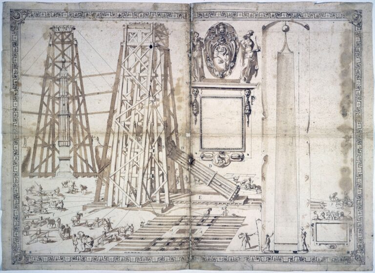 Giovanni Guerra, Innalzamento e abbassamento dell’obelisco con lo stemma di Sisto V, 1586, penna, pennello, inchiostro su tratti a pietra nera. Parigi, Beaux-Arts de Paris