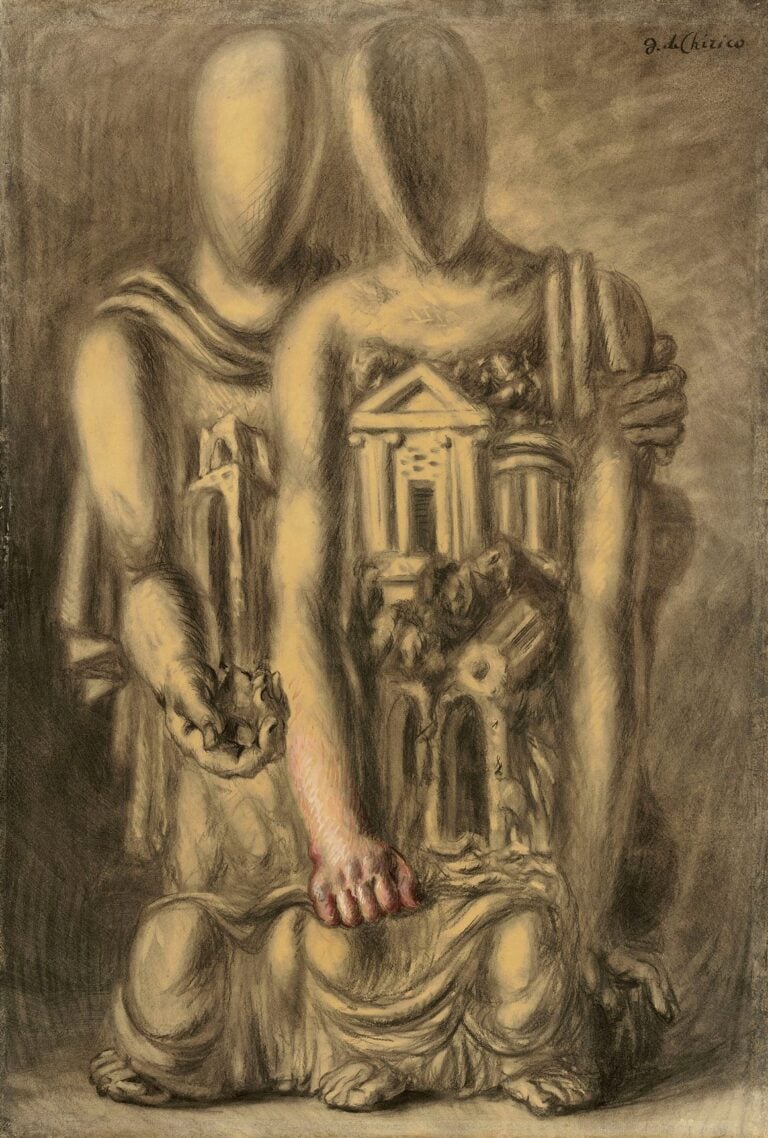 Giorgio de Chirico, Oreste e Pilade, 1928, gouache, fusain, craie noire et estompe sur papier, 77.2 × 53 cm. Courtesy The Mayor Gallery (Londres)