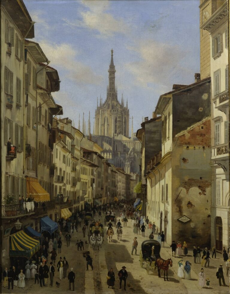 Giuseppe Canella, Veduta della corsia de’ Servi in Milano, 1833, olio su tela, 81,5 x 64 cm, Collezione privata