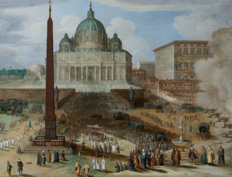 Guilliam van Nieulandt il Giovane, Piazza San Pietro durante la processione annuale del Corpus Christi, 1612, olio su tavola. Collezione privata europea