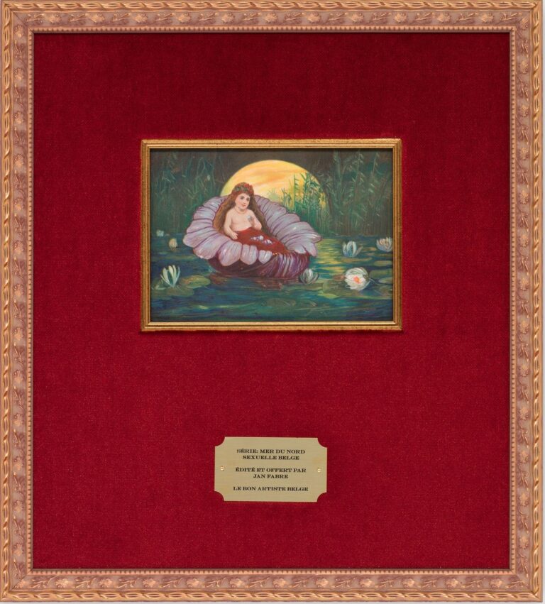 Jan Fabre, The small, plump, alluring Belgian Venus (I) (2018), matita HB, matite colorate su carta chromo, cornice dorata, passe partout rosso, 37 x 33,7 x 2,2 cm