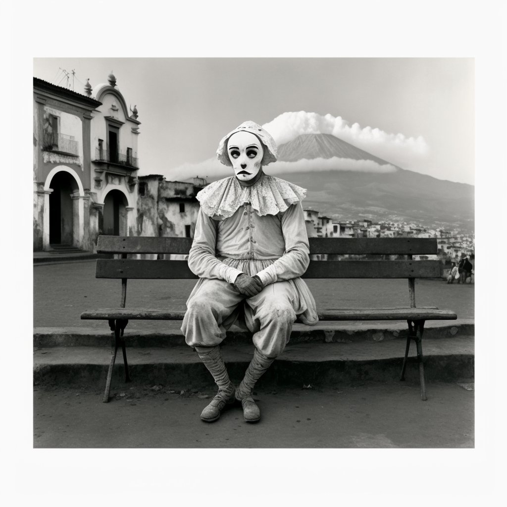 Midjourney, Mimmo Jodice, Pulcinella seated on a bench