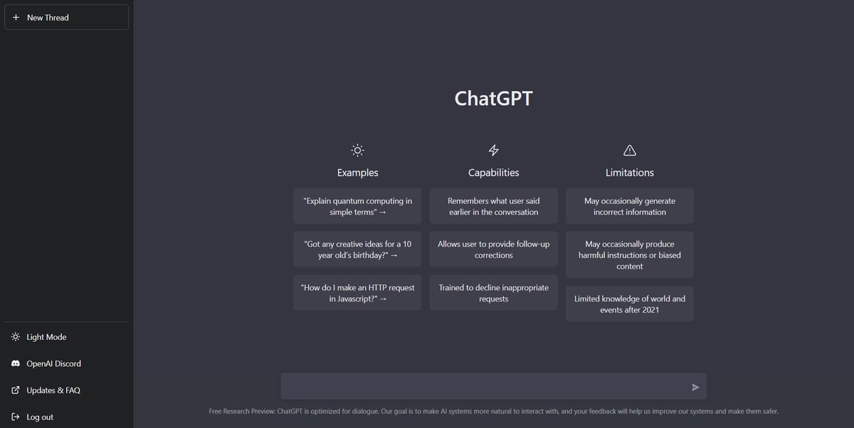 Uno screenshot del software di ChatGPT