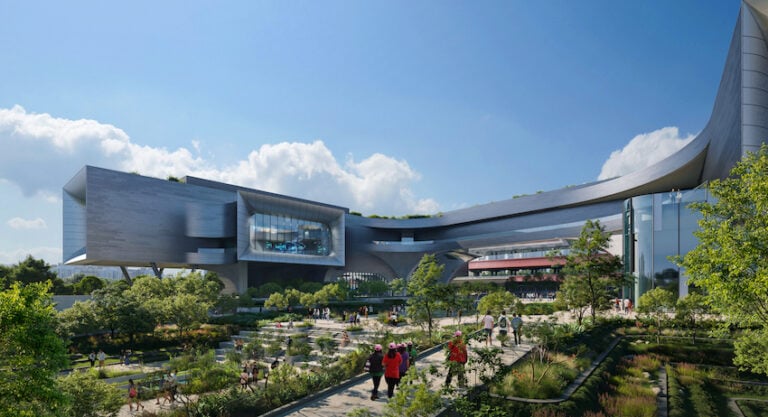 Landscaped plaza con- necting visitors to the new Science Centre building, lake and secondary forest. Render by Negativ. The image is an artist’s impres- sion, and final design may be subject to changes