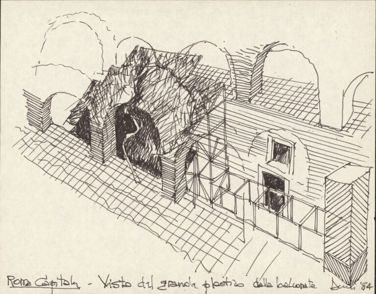 Costantino Dardi con Ariella Zattera e Franco Bagli, Schizzo dell’allestimento della mostra “Roma Capitale 1870 - 1911: architettura e urbanistica”, Mercati Traianei, Roma 1983-84. Collezione MAXXI Architettura, Archivio Dardi