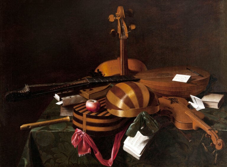 Evaristo Baschenis, Composizione di strumenti musicali, olio su tela, 74 x 99 cm. Collezione privata