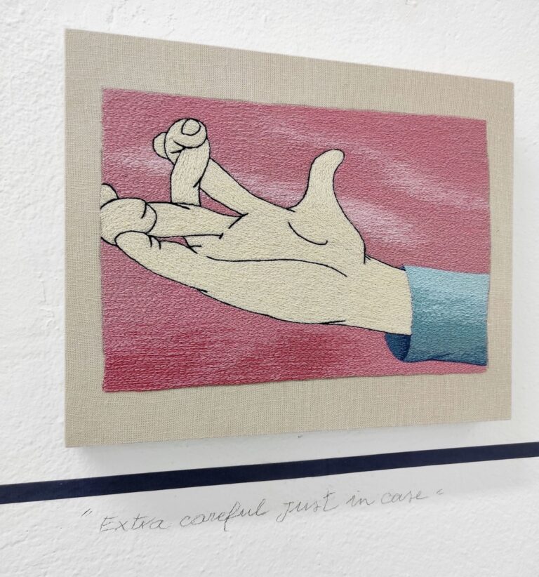 Peter Frederiksen, Extra careful, just in case, 2022, freemotion machine embroidery on linen, installation view
