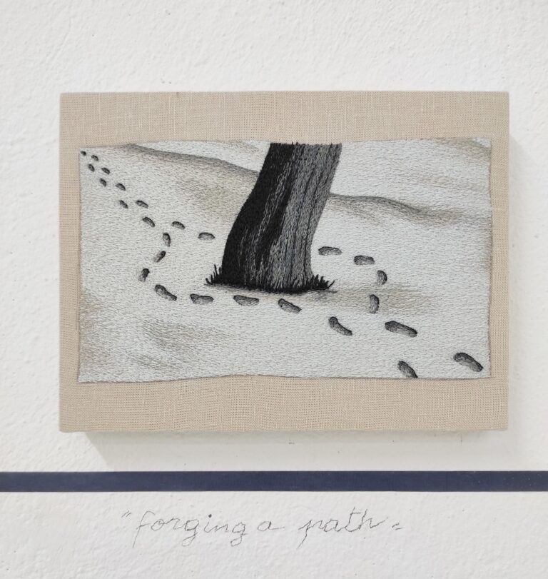 Peter Frederiksen, Forging a path, 2022, freemotion machine embroidery on linen, installation view