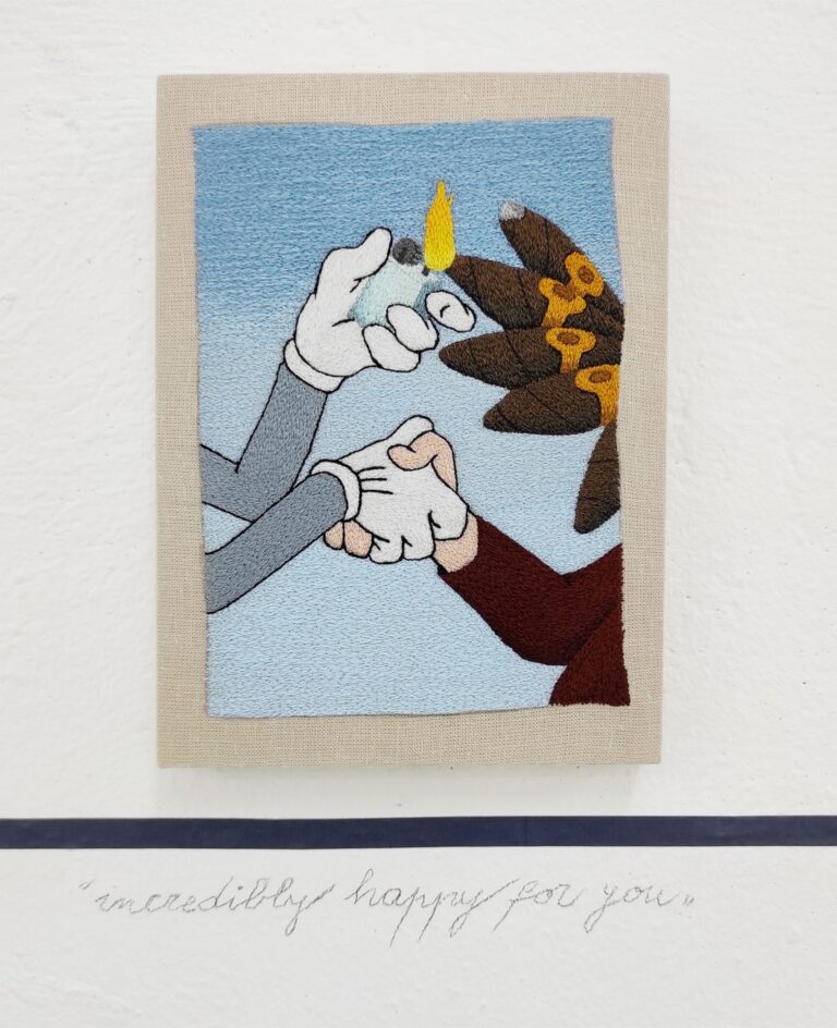 Peter Frederiksen, Incredibly happy for you, 2022, freemotion machine embroidery on linen, installation view