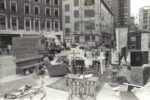 Squatters evicted from the south side of Tolmers Square set up a common room in the centre of the Square. Photo Nick Wates, 1979