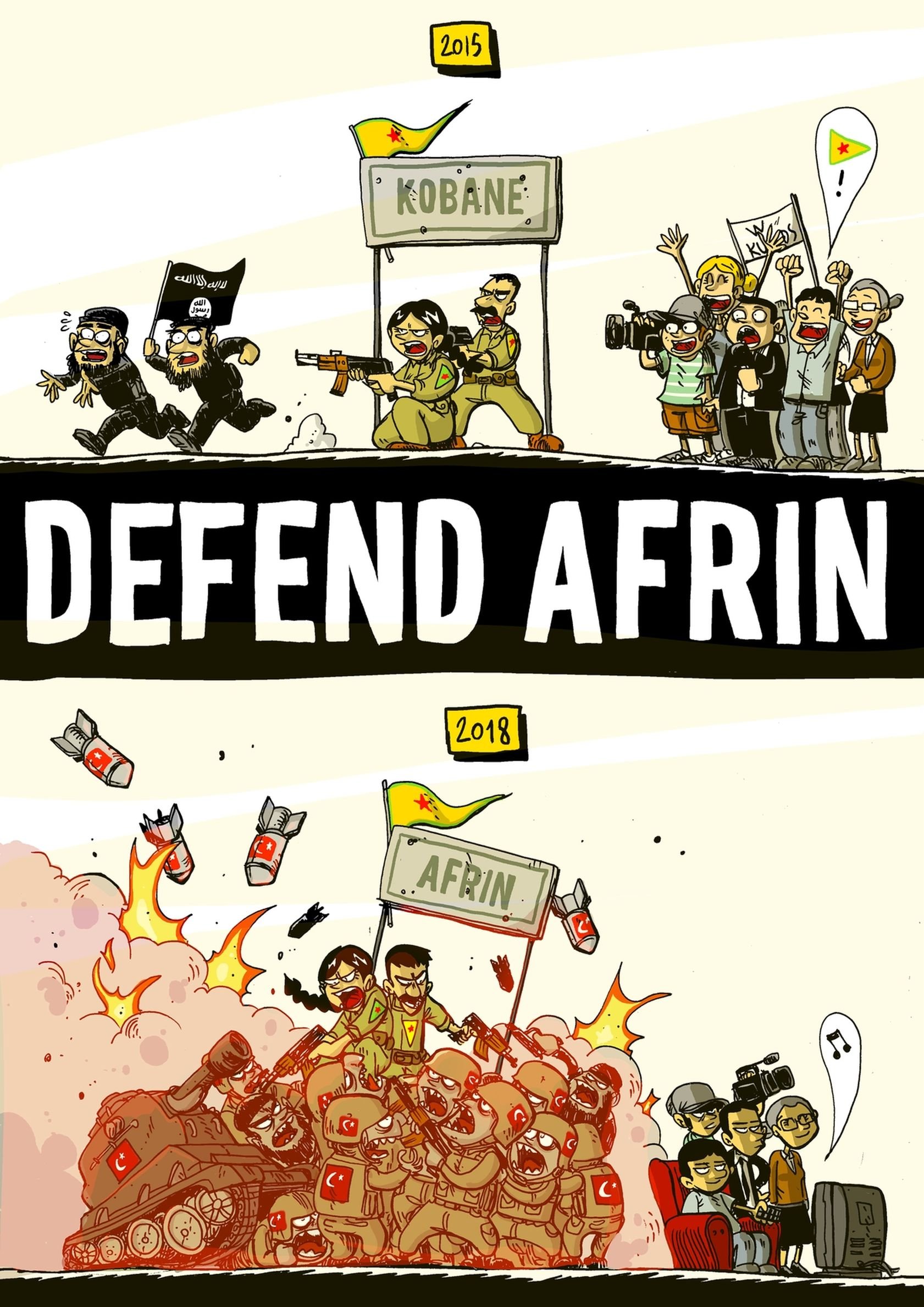 Zerocalcare, Defend Afrin, 2018. Courtesy Zerocalcare
