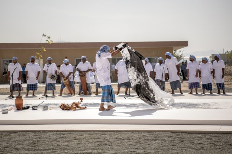 Abdulrahim Salem, The Unknown Sailor, 2023. Performance view Sharjah Biennial 15, Kalba Ice Factory, 2023. Photo Motaz Mawid