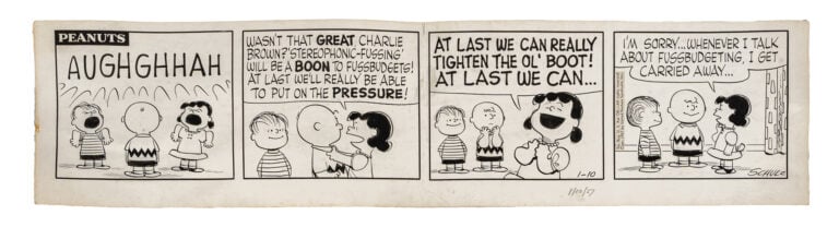 Charles M. Schulz, Peanuts 1957. Matita e china su carta, striscia giornaliera del 10 gennaio 1957 17,5 x 73,2 cm. Firmata in basso a destra, datata al centro. Stima €8.000 €16.000
