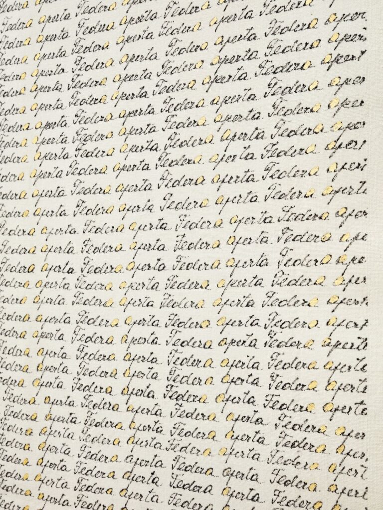 Federa aperta (Serie SCRITTURE), 1960s, lettering in black and gold leaf and embroidered LR initials in white at bottom. Foto di Carlo Favero