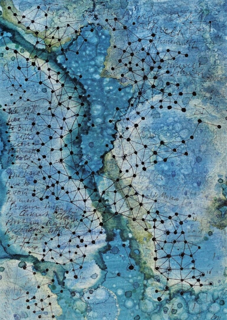 George Steinmann, Mitwelt (Umwelt und Innenwelt), 2018. Indigopigmento, Parisblue pigment; Schellac, penna a sfera, matita. Courtesy l’artista