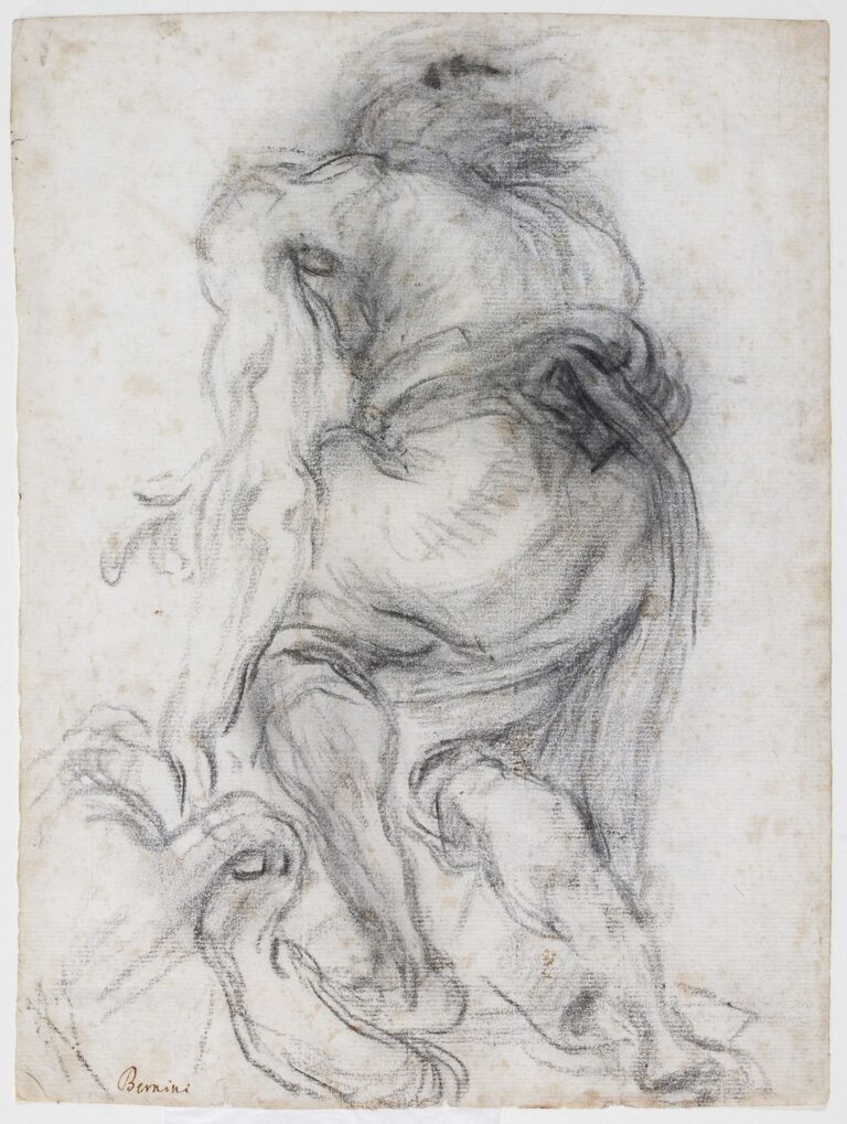 Gian Lorenzo Bernini (Napoli 1598 - Roma 1680), Figura maschile china, di spalle, ante 1677. Carboncino nero su carta bianca ossidata. Roma, Istituto Centrale per la Grafica