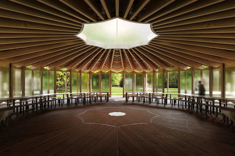 Serpentine Pavilion 2023 designed by Lina Ghotmeh — Architecture Design render, interior view Photo © Lina Ghotmeh — Architecture Courtesy: Serpentine