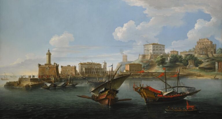 Paolo Anesi (Roma 1697 – Roma 1773), Anzio, Veduta del porto con Villa Corsini e Villa Albani, 1746, olio su tela. Londra, DYS44 Art Gallery London