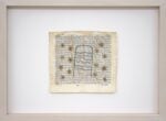 Senza titolo (Serie SCRITTURE), 1980s. Antique book page, rice paper, black India ink, gold leaf 16 x 20.5 cm