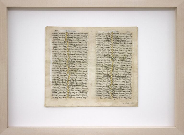 Senza titolo (Serie SCRITTURE), 1980s. Antique book page, rice paper, black India ink, gold leaf