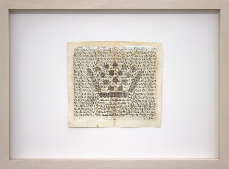 Senza titolo (Serie SCRITTURE), 1980s. Antique book page, rice paper, black India ink, gold leaf