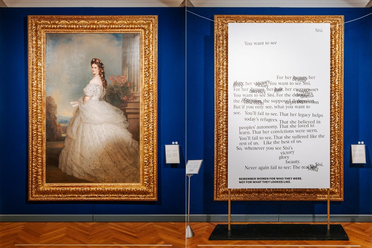 Franz Xaver Winterhalter, Ritratto di Sisi, 1865 vs Sisi's New Portrait at Vienna Furniture Museum. Courtesy Vienna Tourist Board Paul Bauer