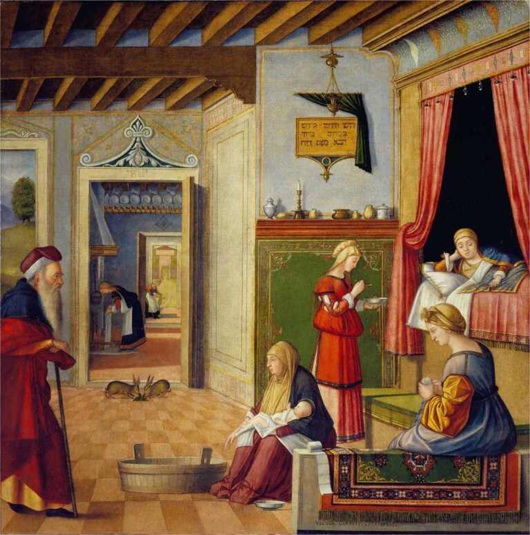 Vittore Carpaccio, Nascita della Vergine, 1502-03 ca., olio su tela, cm 128,5x127,5. Bergamo, Accademia Carrara