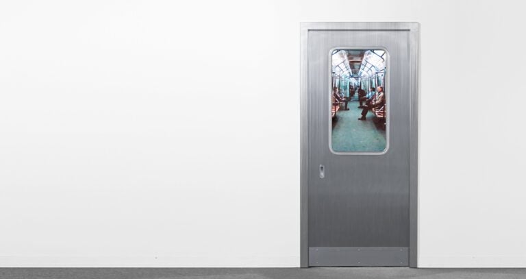 Leandro Erlich, Subway (2009), Stainless steel door, metal structure, 42-inch screen, video player, and video animation, 200x100x20 cm
