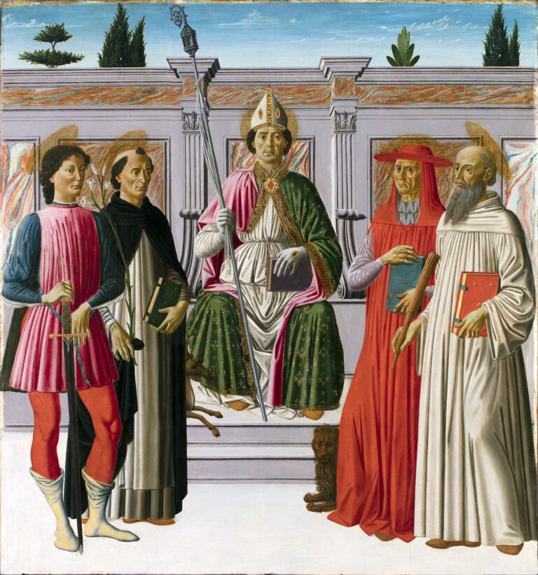 Francesco Botticini, Sant'Egidio in trono tra i santi Giuliano, Domenico, Girolamo e Benedetto, 1468-1469 circa, tempera su tavola, Parigi, Gallerie G. Sarti