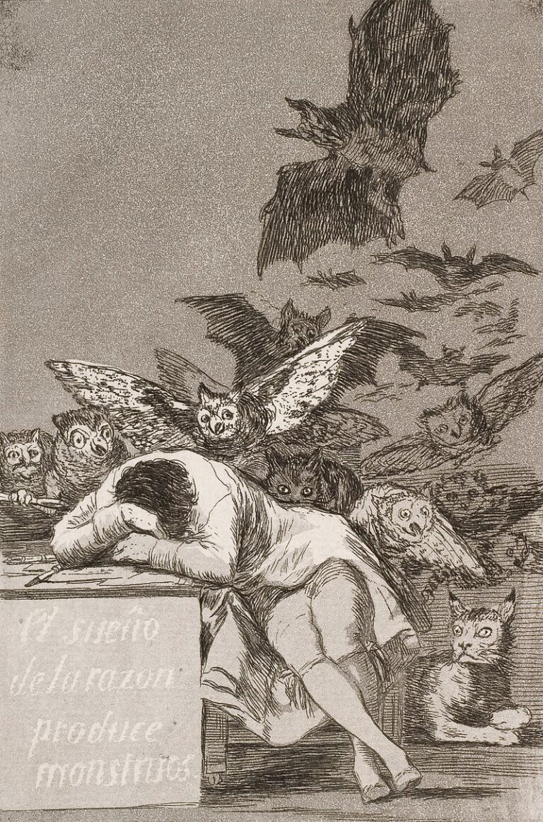 Francisco Goya, Il sonno della ragione genera mostri (1797 circa); penna e inchiostro su carta, 23 × 15,5 cm, Museo del Prado, Madrid