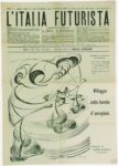Italia Futurista, prima pagina con disegno di Gino Galli, Villaggio sotto bombe di aeroplani (A. II, n. 9, 15 aprile 1917). Raccolta Isolabella, Milano