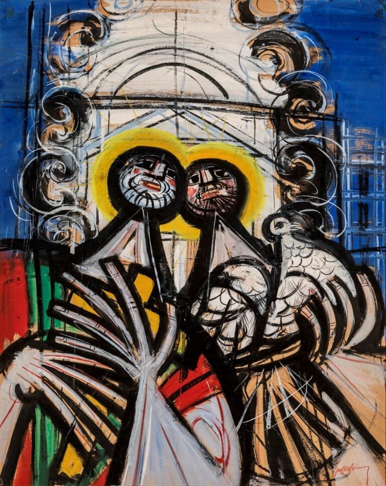 Luigi Spazzapan, Santi Cosma e Damiano con cattedrale barocca, 1950, tempera su cartone, Collezione Eugenio Giletti