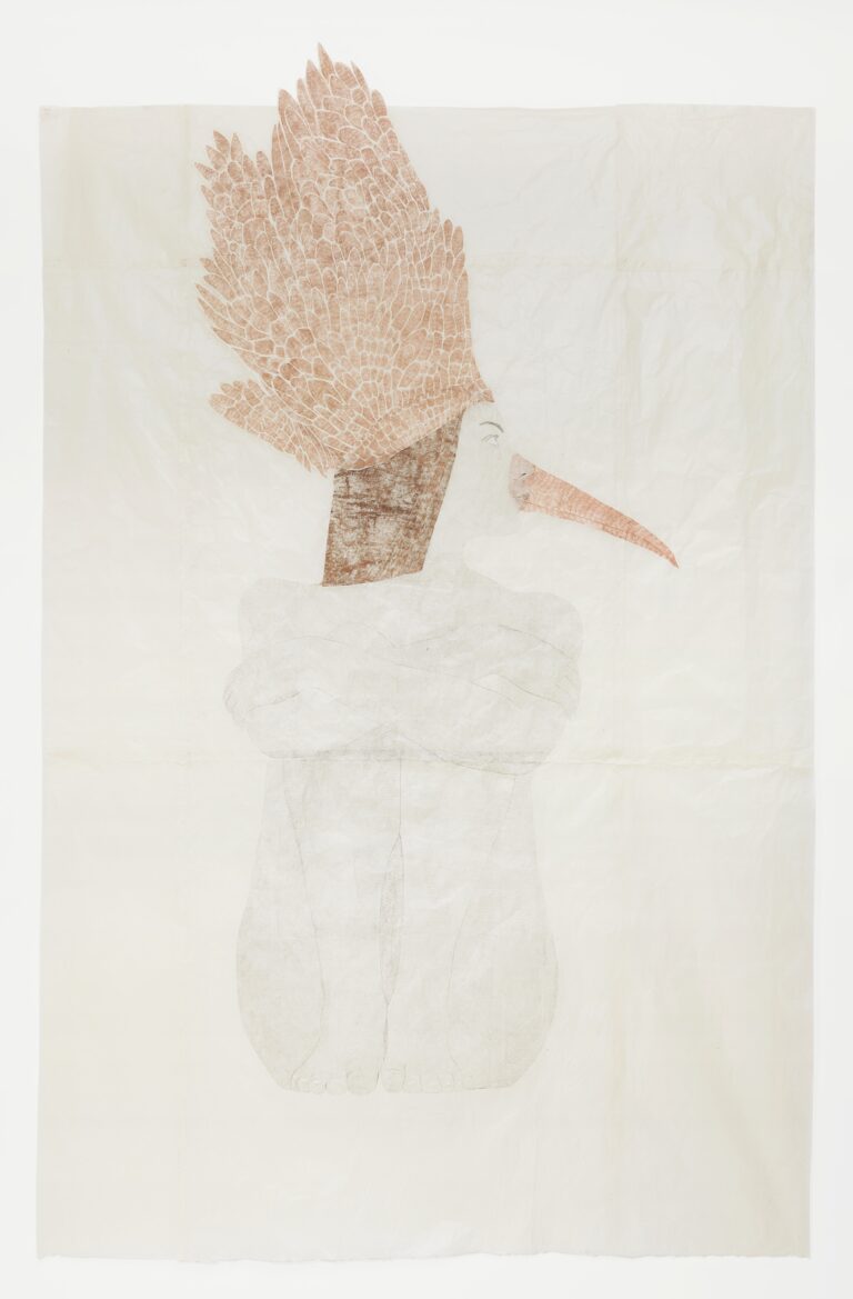 Marta Roberti Autoritratto con becco di ibis e copricapo con piume di aquila / Self-portrait with ibis beak and eagle feather headdress, 2023 disegno e collage con pastello a olio e grafite da carta carbone su carta taiwanese / drawing and collage with oil pastel and graphite from carbon paper on Taiwanese paper 190 x 121 cm courtesy: l’artista e / the artist and Galleria z2o Roma