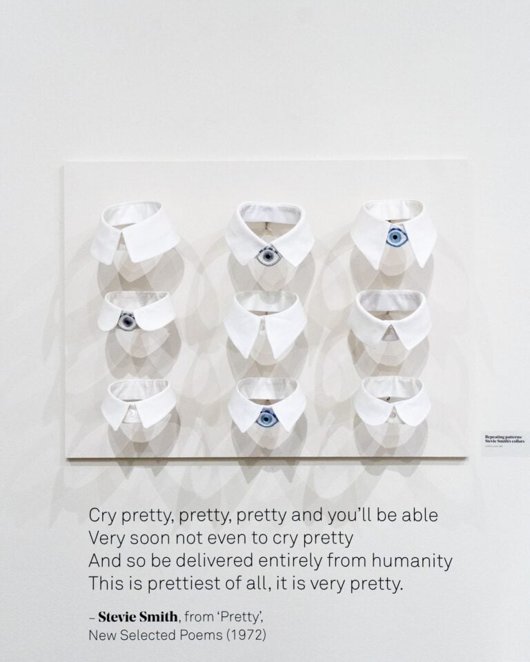 Poets in Vogue, exhibition view. Repeating patterns of Stevie Smith's collars. Photo credit Arnaud Mbaki