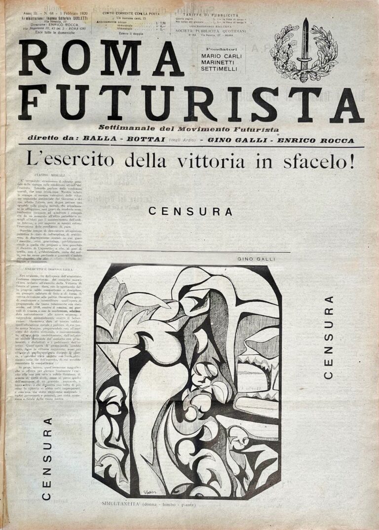 Roma Futurista, prima pagina con disegno di Gino Galli, Simultaneità (donna-bimbo-piante), (A. III, n. 68, 1° febbraio 1920). Fondazione Echaurren Salaris, Roma