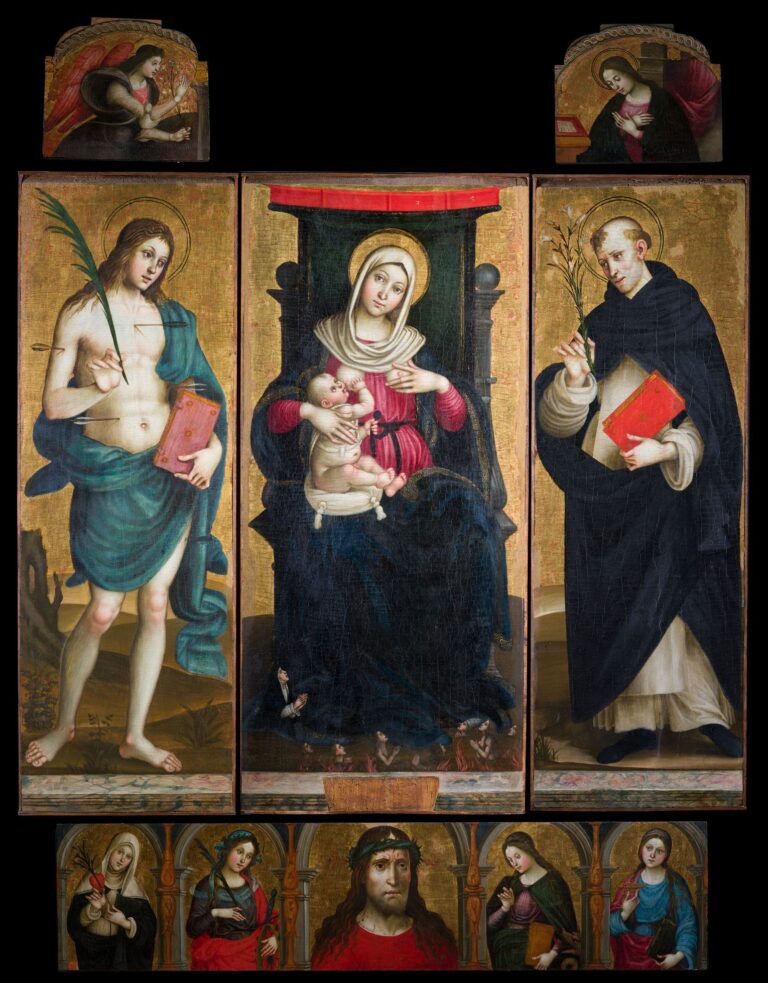 Stefano Sparano, Madonna delle Grazie e donatrice domenicana, San Sebastiano, San Domenico; cimase: Angelo annunciante Vergine annunciata; predella: Ecce Homo e le Sante Caterina da Siena, Caterina d'Alessandria, Margherita e Lucia; 1507-1508, olio su tavola, Napoli, Museo e Real Bosco di Capodimonte