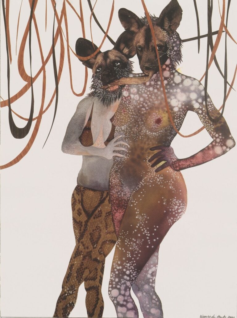 Wangechi Mutu, Intertwined, 2003. Watercolor with collage on paper, 40.96 × 30.8 cm