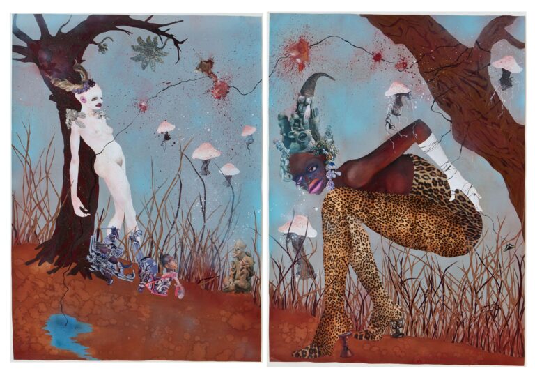 Wangechi Mutu, People in Glass Towers Should Not Imagine Us, 2003. Mixed media collage on paper, diptych, overall, 355.6 × 259.1 cm