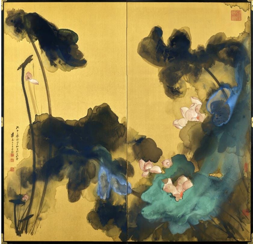 Zhang Daqian, Pink Lotuses on Gold Screen, 1973. Courtesy of Sotheby's