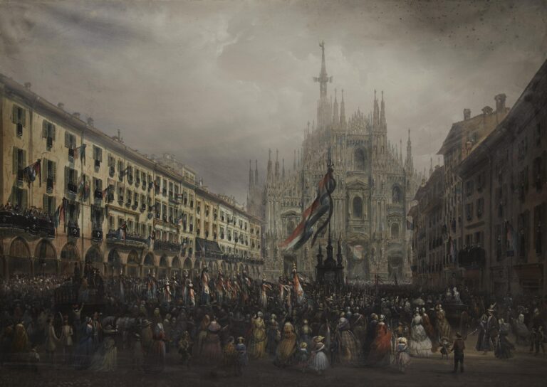 Carlo Bossoli (Attribuito), La commemorazione dei caduti nelle Cinque Giornate tenuta in Piazza del Duomo il 6 Aprile 1848, 1848. Collezione privata