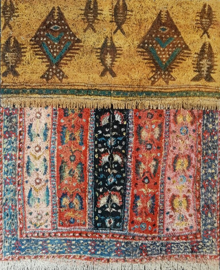 Aldo Mondino, Tappeti stesi, Anni Ottanta, olio su eraclite, cm 150 x 120. Foto © Giacomo Santini, Courtesy NP ArtLab e Cuba studio