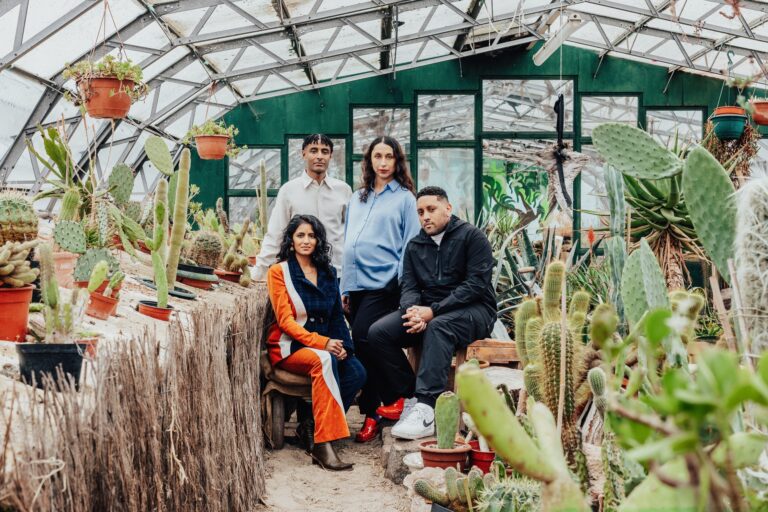 British Pavilion curators Meneesha Kellay, Jayden Ali, Sumitra Upham, Joseph Henry taken at Black Rootz community garden in North London © British Council Photography Taran Wilkhu