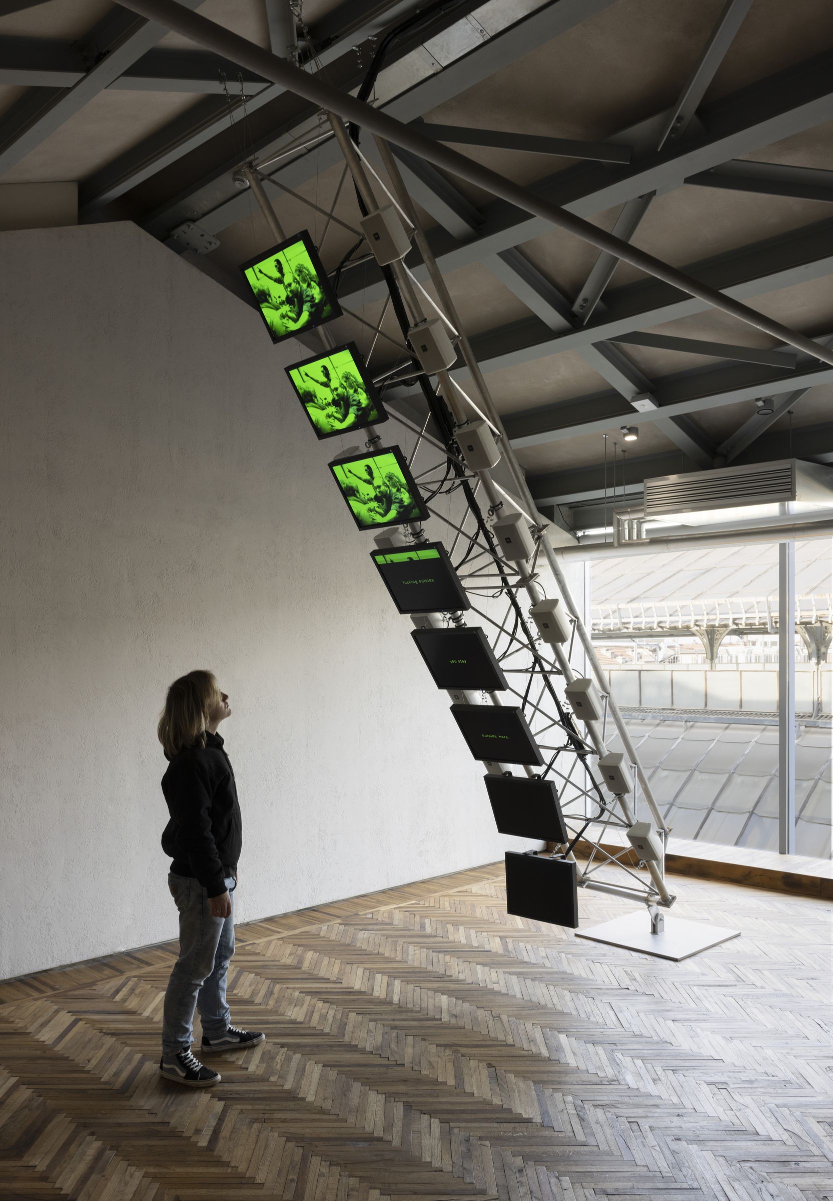 Dara Birnbaum, installation view at the Observatory Fondazione Prada, Milan.  Photo Andrea Rossetti.  Courtesy of the Prada Foundation