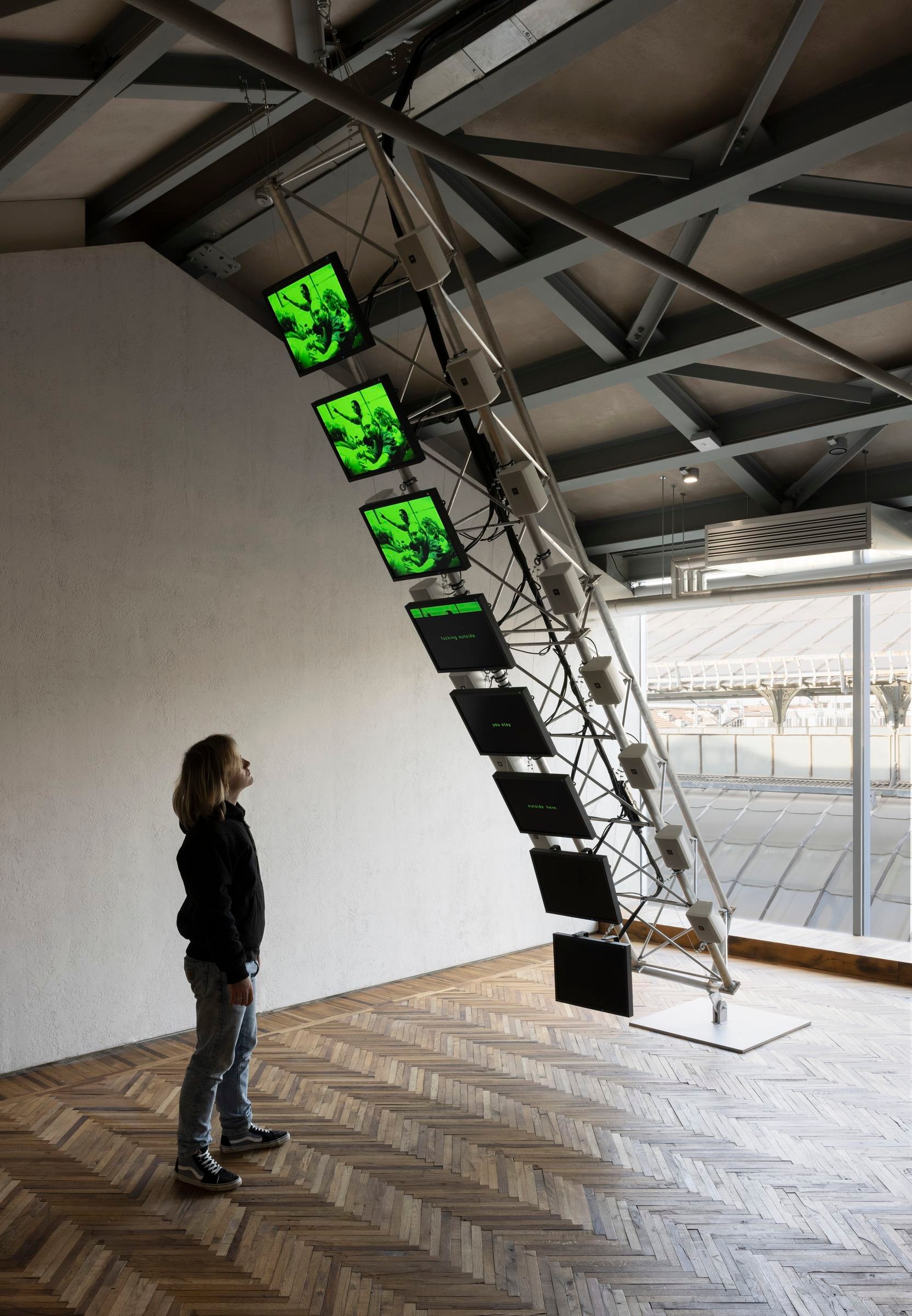 Dara Birnbaum, installation view at the Observatory Fondazione Prada, Milan.  Photo Andrea Rossetti.  Courtesy of the Prada Foundation