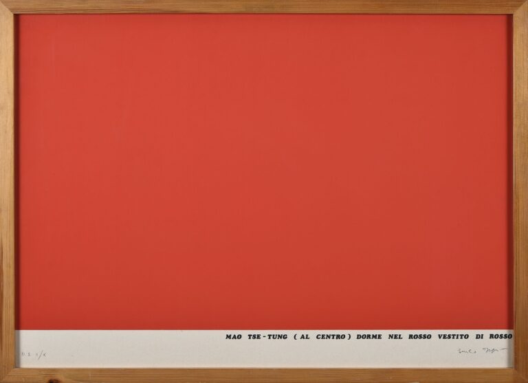 Emilio Isgrò, Mao Tze-Tung (al centro) dorme nel rosso vestito di rosso, 1974, litografia, prova d’autore II/X, 50x70cm