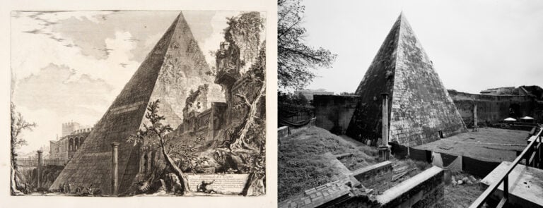 Giambattista Piranesi, Piramide di Caio Cestio, incisione all’acquaforte & Gabriele Basilico, Piramide di Caio Cestio, 2010, Archivio Gabriele Basilico