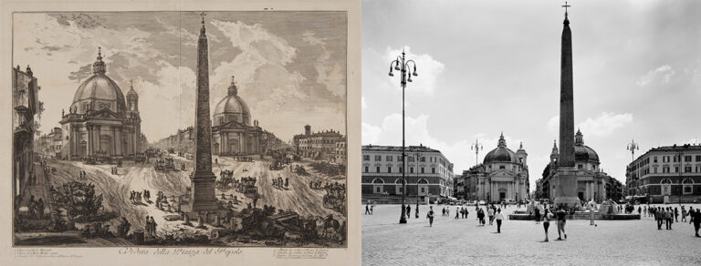 Giambattista Piranesi, Veduta della Piazza del Popolo, incisione all’acquaforte & Gabriele Basilico, Piazza del Popolo, 2010, Fondazione Giorgio Cini